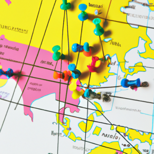 A colorful map of the world with pins connecting different cities.