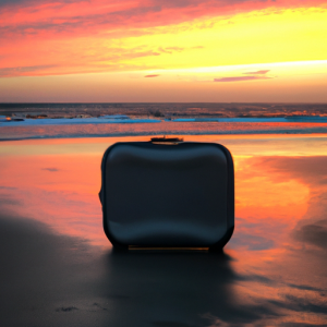 A colorful beach sunset with an expat's suitcase by the shore.
