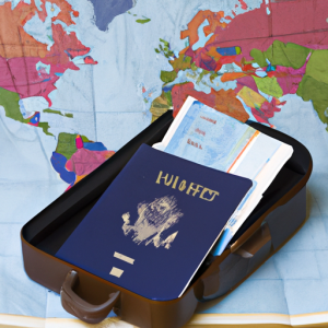 An open suitcase in front of a world map with a passport.