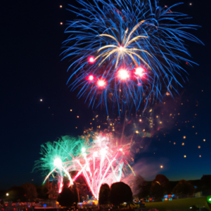 An image of a colorful festival scene with fireworks in the sky.