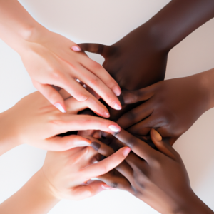 A group of hands in a circle, all different shades of skin.