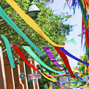 A colorful street scene with vibrant flags, banners, and decorations.