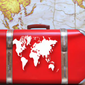 A red suitcase with a map of the world in the background.