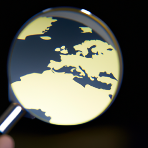 A globe with a magnifying glass focusing in on a specific country.