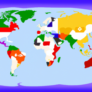 A multicolored world map with flags representing different countries.
