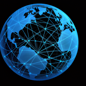 A globe with a network of interconnected lines radiating outward.