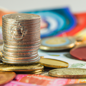 A stack of colorful foreign currency bills with coins in the foreground.