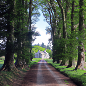 A path lined with large trees leading to a small house in the distance.