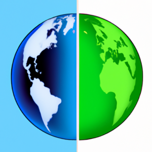 A globe divided into two sections, one covered in green and the other in blue.