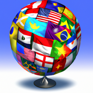A globe with a colorful array of flags surrounding it.