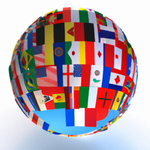 A globe with flags of different countries overlapping each other.