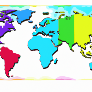 A world map with a border of vibrant colors.