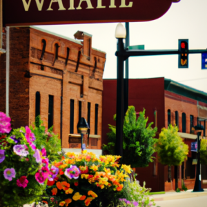 An old-fashioned Main Street with a vintage sign, red brick buildings, and colorful flowers.