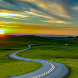 A winding road through a lush green landscape, with the sun setting in the background.