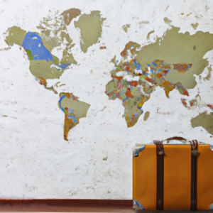 A lonely suitcase in front of a map of the world.