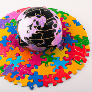 A globe surrounded by colorful puzzle pieces.