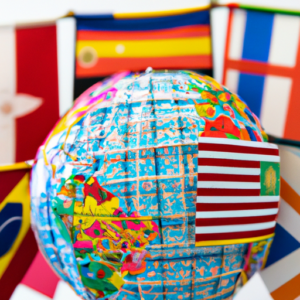 A globe with a colorful patchwork of different cultures and flags.