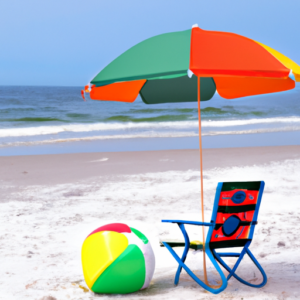 A beach chair with umbrella and a beach ball in the sand near the ocean.