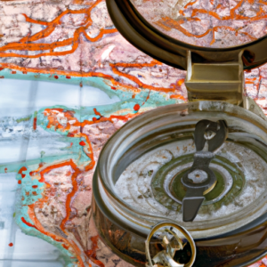 An old-fashioned map of a local area with an antique compass in the foreground.