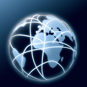 A globe with a network of interconnected lines radiating outward.