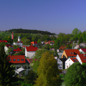 A picturesque small town with a red-roofed white house surrounded by bright green trees and a blue sky.