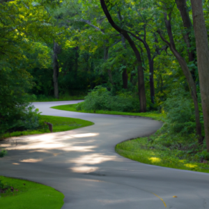 A winding road through a lush green forest with a sun-dappled path.