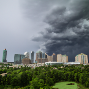 A city skyline with a backdrop of storm clouds.