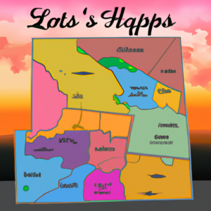 A detailed map of the local landscape with a contrasting background of colorful sunsets.