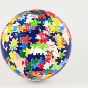 Suggestion: A globe composed of multi-colored puzzle pieces.