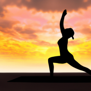 A woman in a yoga pose with a sunrise in the background.