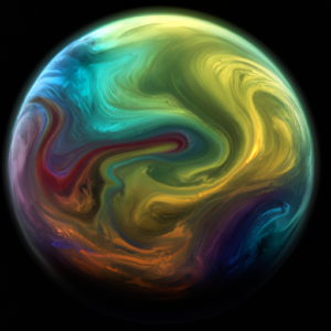 A close-up of a planet with a swirl of colors resembling a storm brewing.