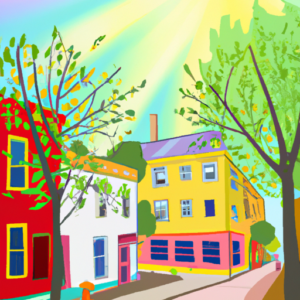 A cheerful, sun-drenched small town street with colorful buildings and trees.