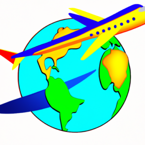 Brightly colored globe with an airplane flying above it.