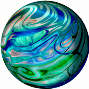 A globe with abstract shapes of different shades of blue and green swirling around it.