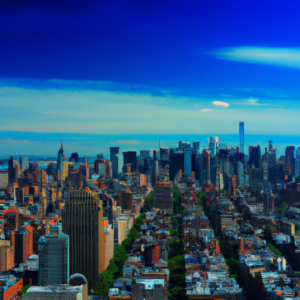 An aerial view of a vibrant, cosmopolitan city skyline.