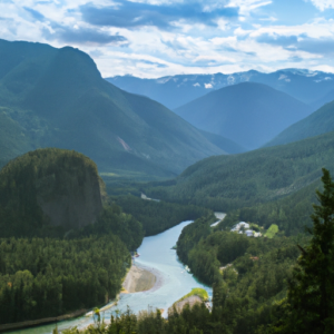 A vast landscape of mountains, forests, and rivers merging together in untouched wilderness.