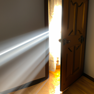 An open door with a ray of light shining through.