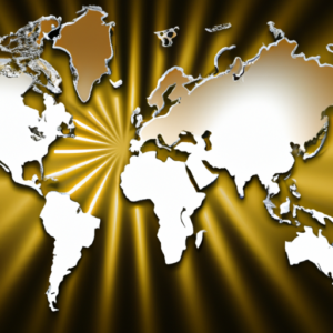 A world map with a golden beam of light emanating from the center in a starburst pattern.