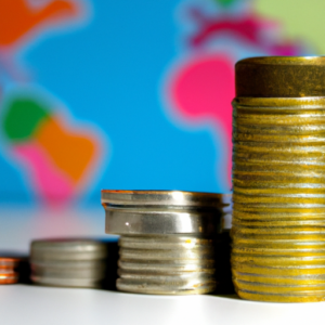 A stack of colorful currency coins with a globe in the background.