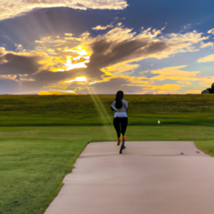 A woman running in a park with a colorful sunset in the background.