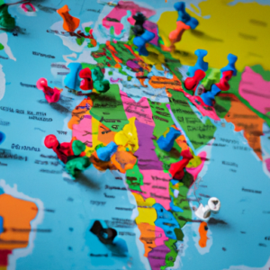 A close-up of a world map with colorful pins representing volunteering locations.