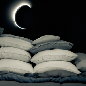 A pile of pillows arranged in a crescent pattern on a bed illuminated by a muted moonlight.