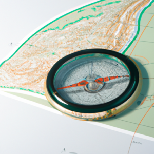 A map with a compass pointing in the direction of a distant horizon.
