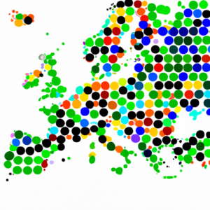 A colorful map with different colored dots representing different expatriates.