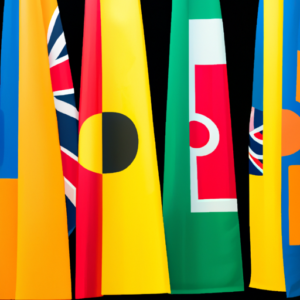 Suggested Prompt: Colorful flags of different countries overlapping each other.