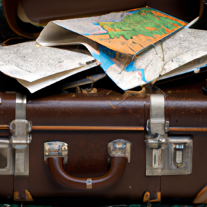 A vintage suitcase overflowing with maps and travel documents.
